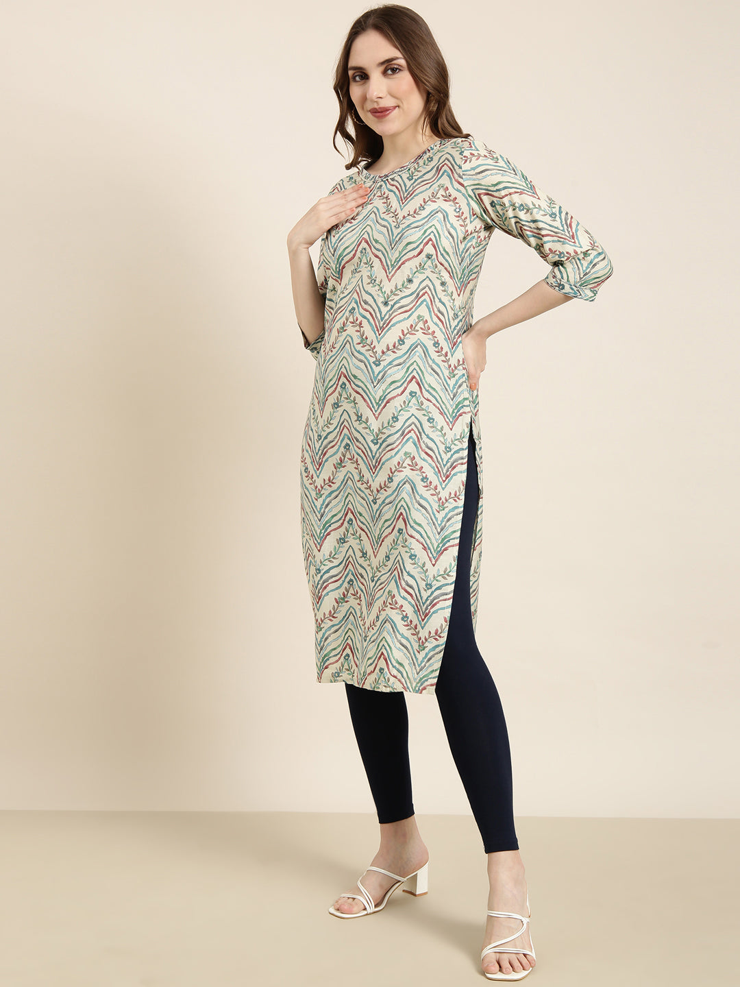 Women Straight Beige Striped Kurta