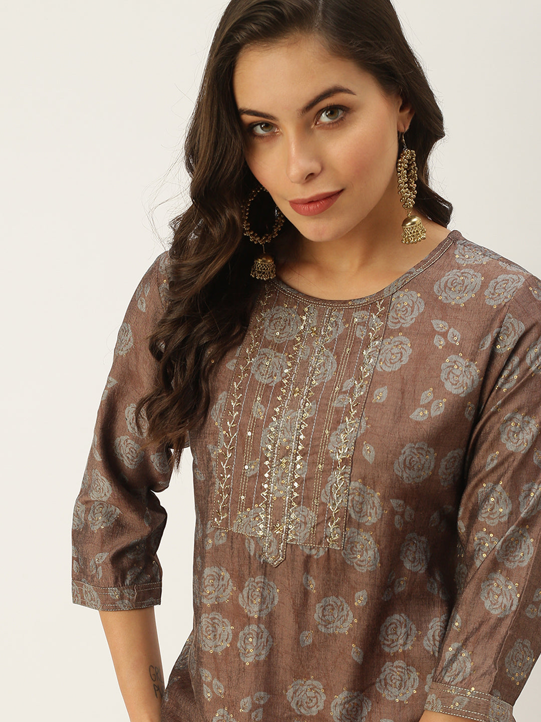 Women's Brown Embellished Straight Kurtas