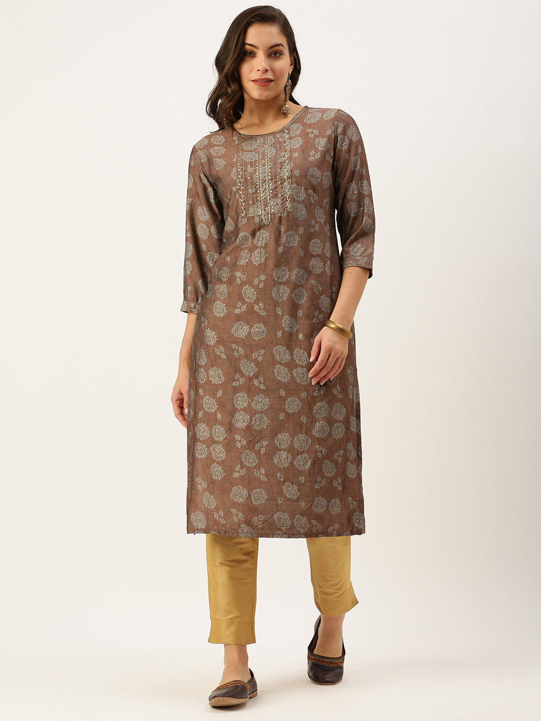 Women's Brown Embellished Straight Kurtas