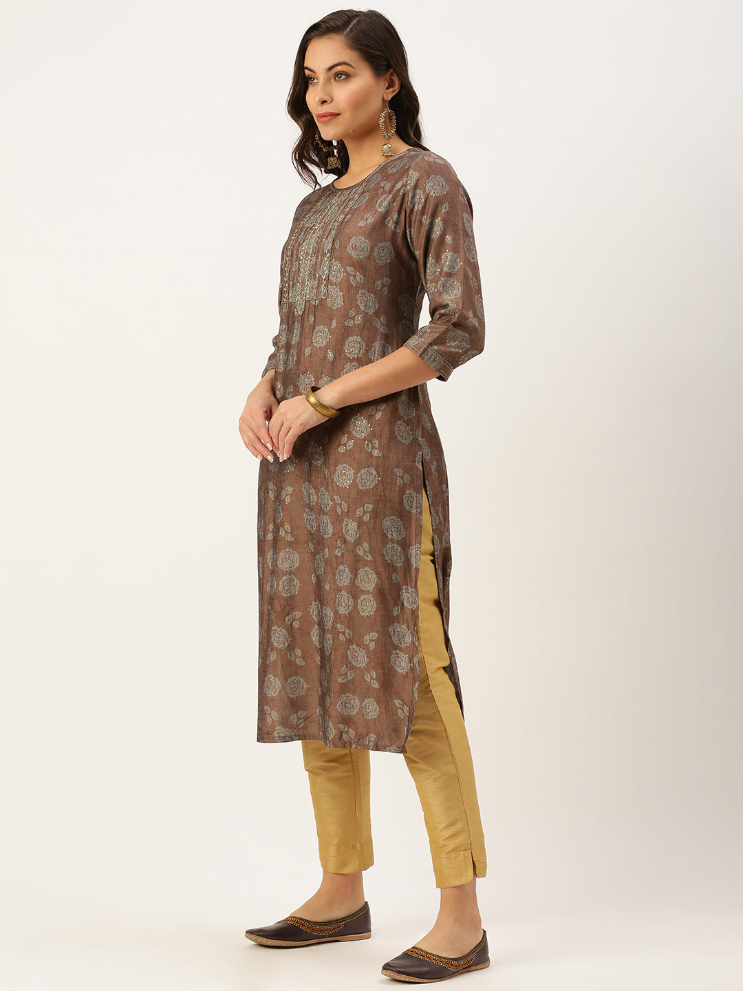 Women's Brown Embellished Straight Kurtas