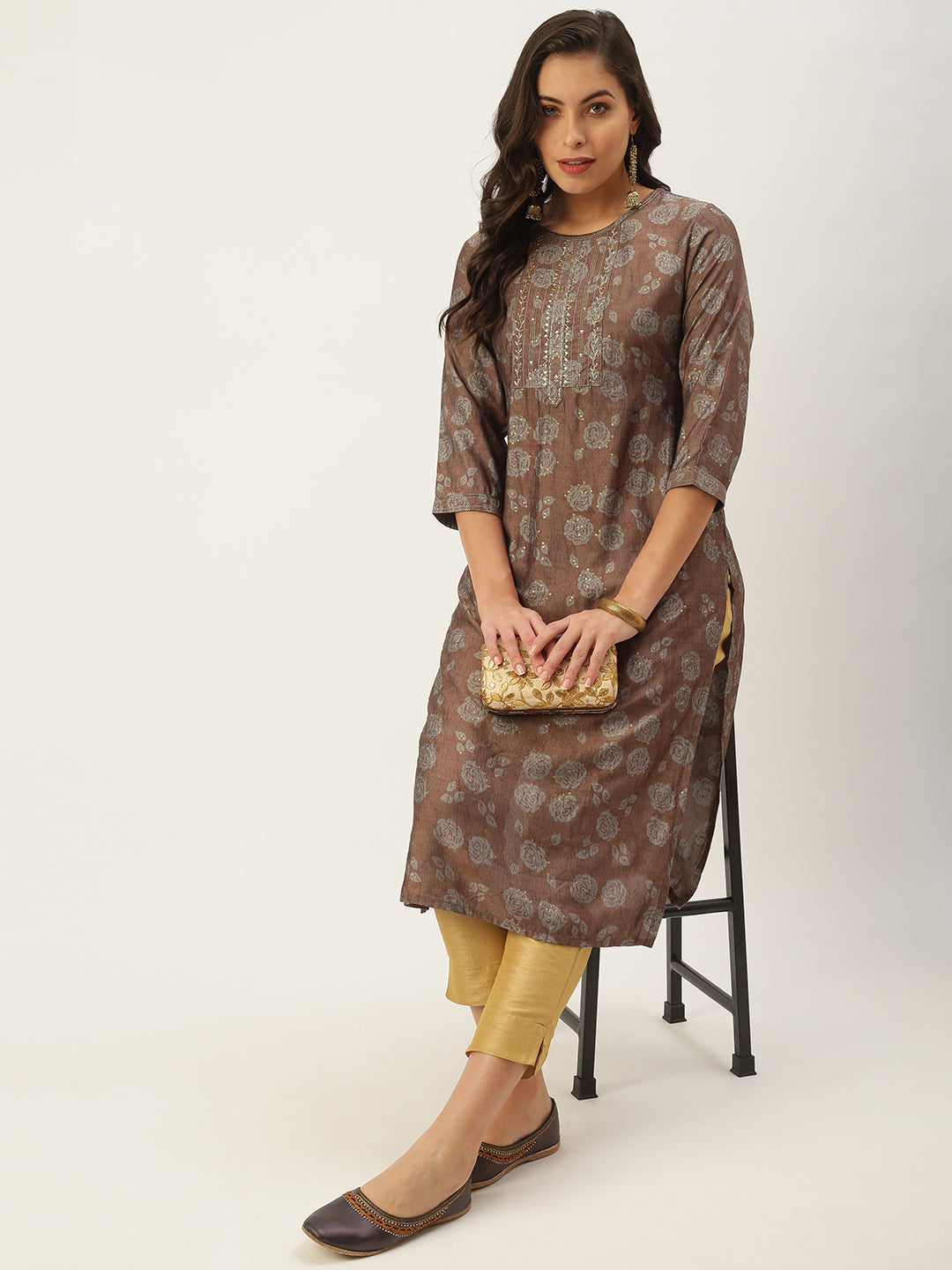 Women's Brown Embellished Straight Kurtas