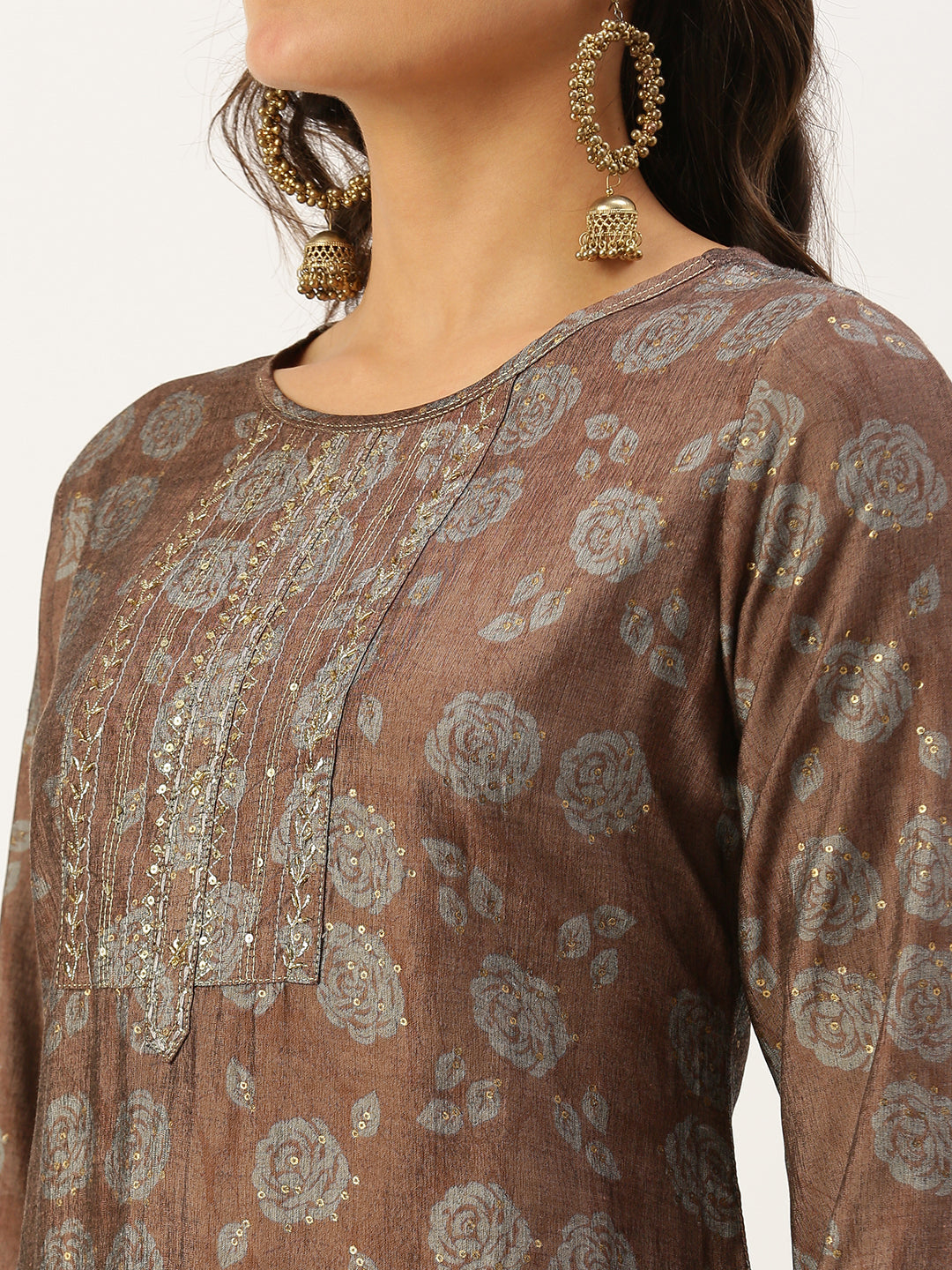 Women's Brown Embellished Straight Kurtas