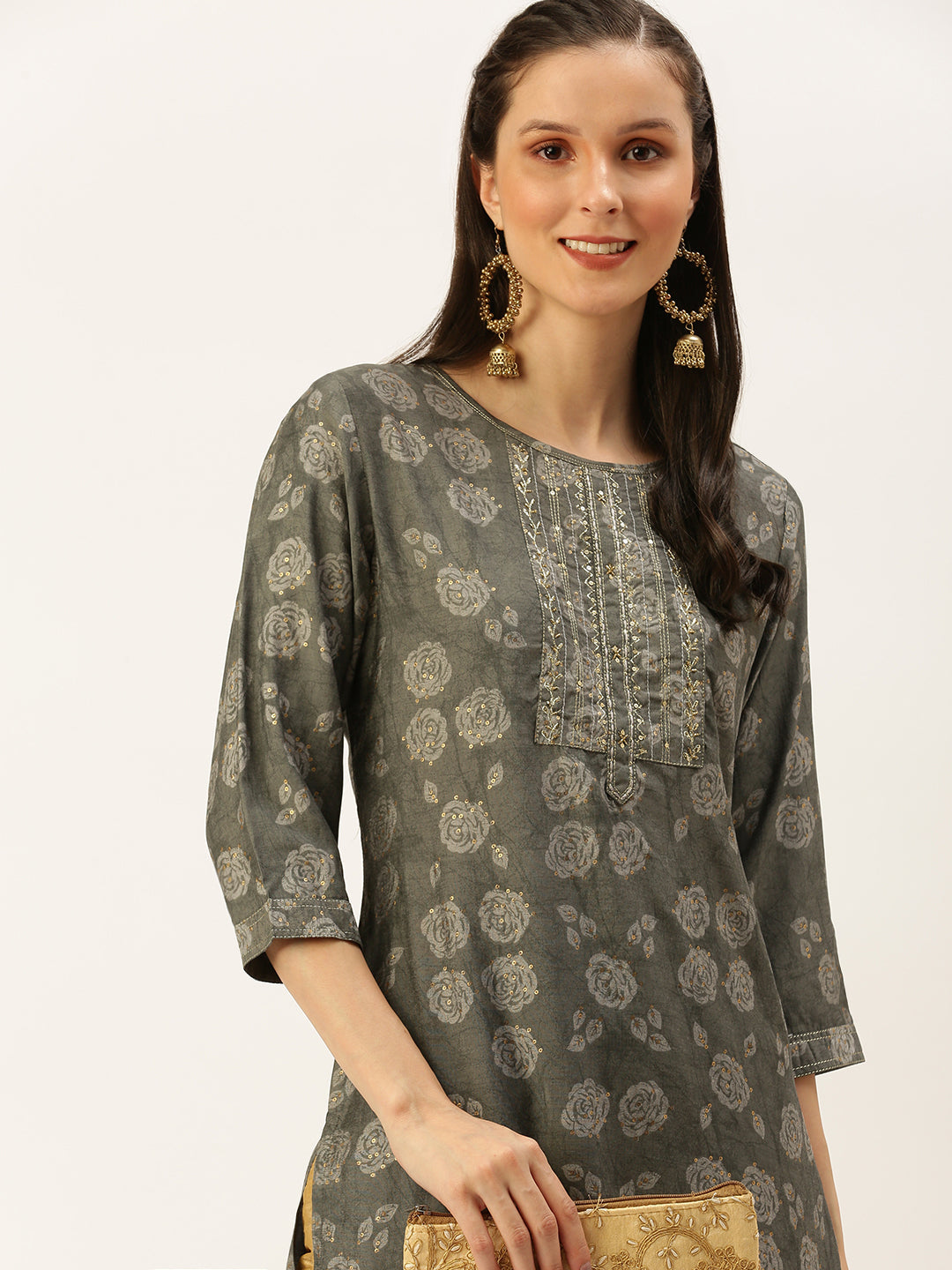 Women's Grey Embellished Straight Kurtas