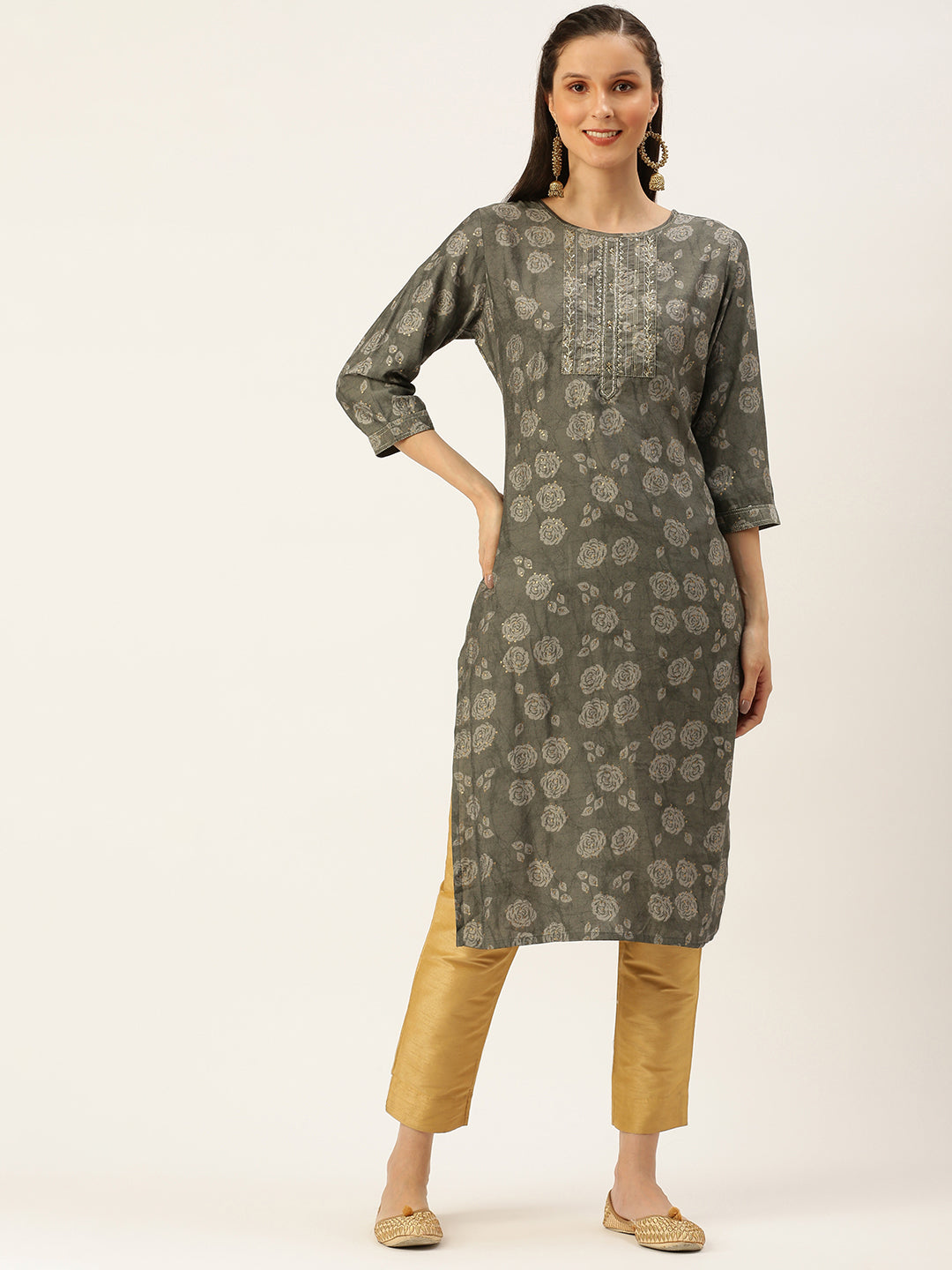 Women's Grey Embellished Straight Kurtas