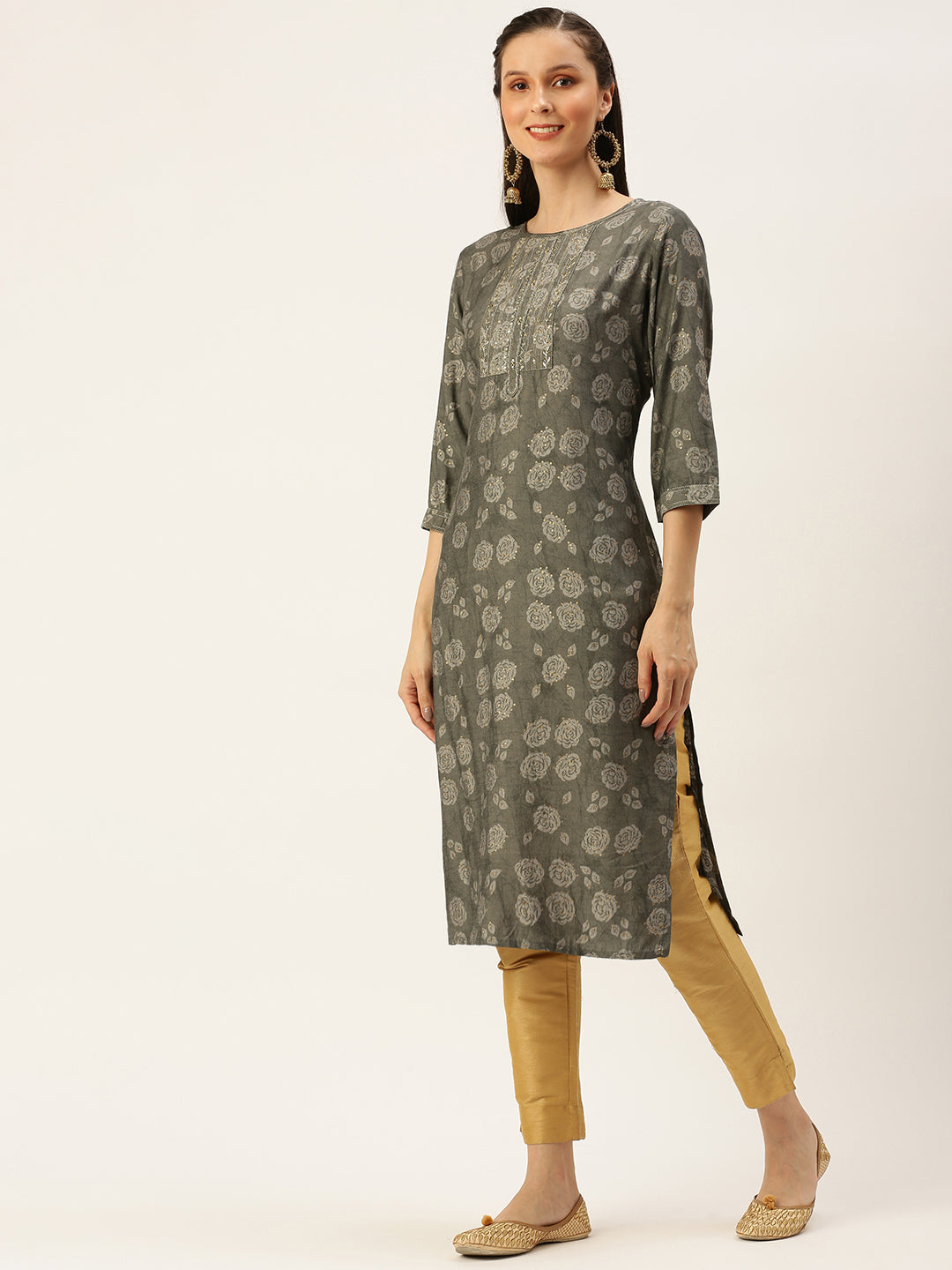 Women's Grey Embellished Straight Kurtas