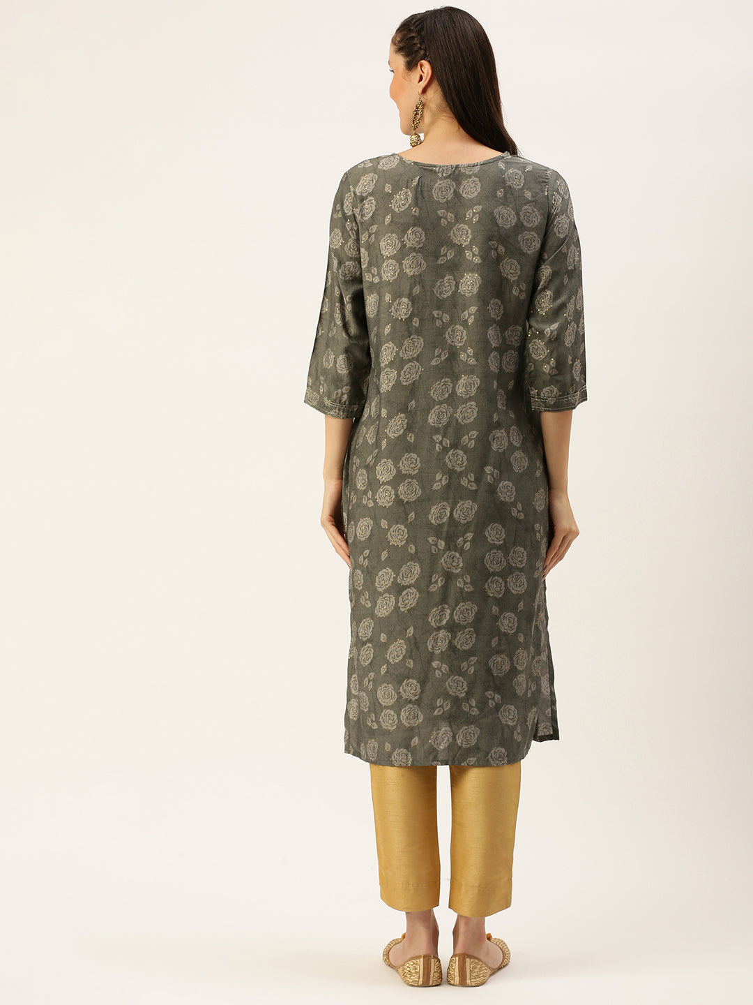 Women's Grey Embellished Straight Kurtas