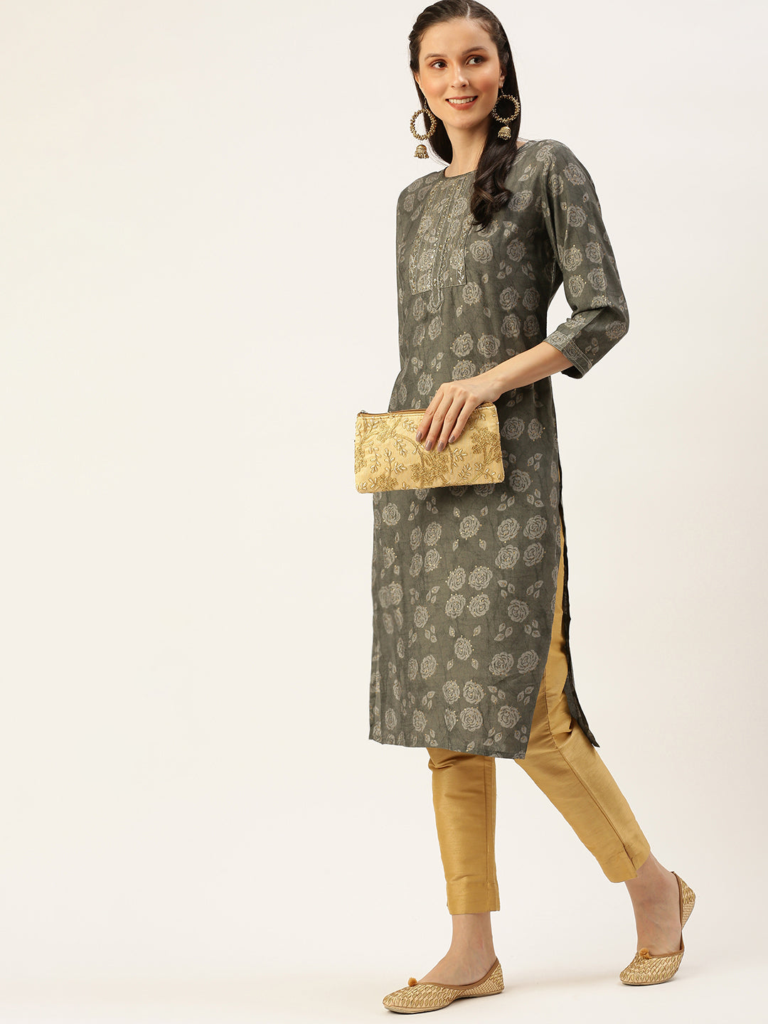 Women's Grey Embellished Straight Kurtas