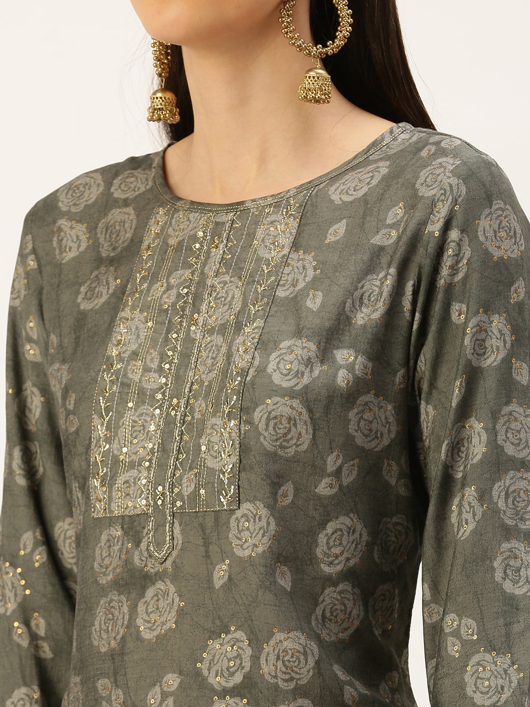 Women's Grey Embellished Straight Kurtas