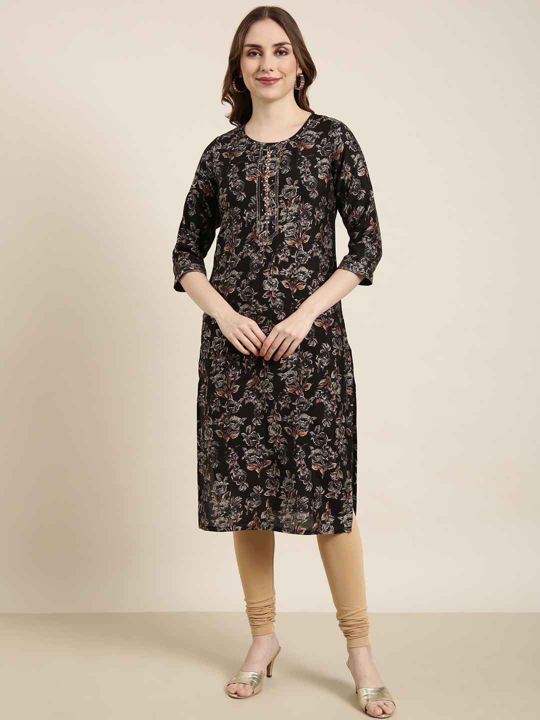 Women Straight Black Floral Kurta