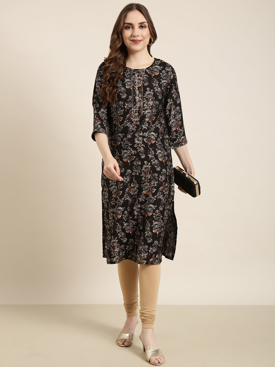 Women Straight Black Floral Kurta