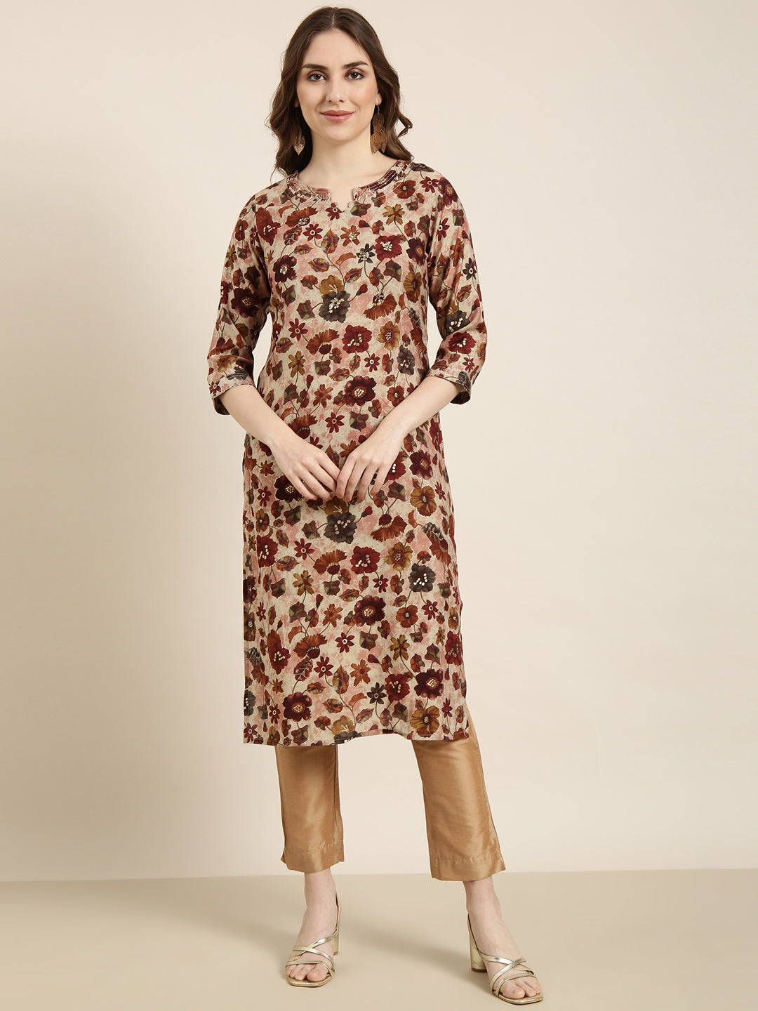 Women Straight Maroon Floral Kurta