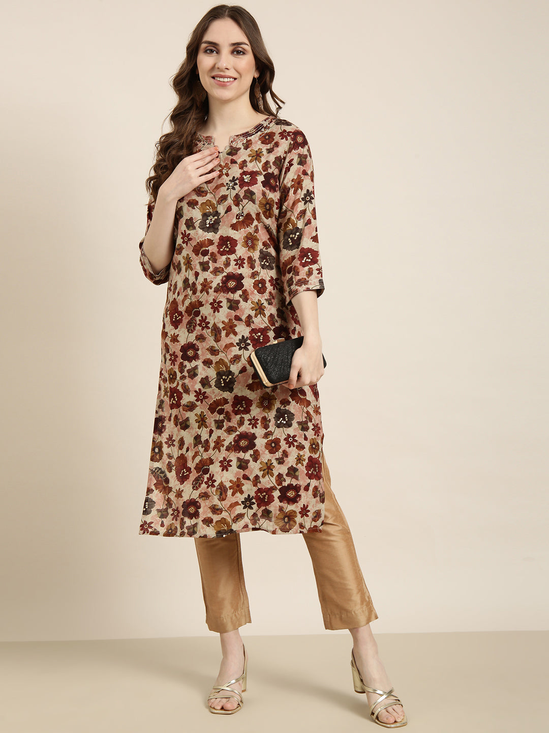 Women Straight Maroon Floral Kurta