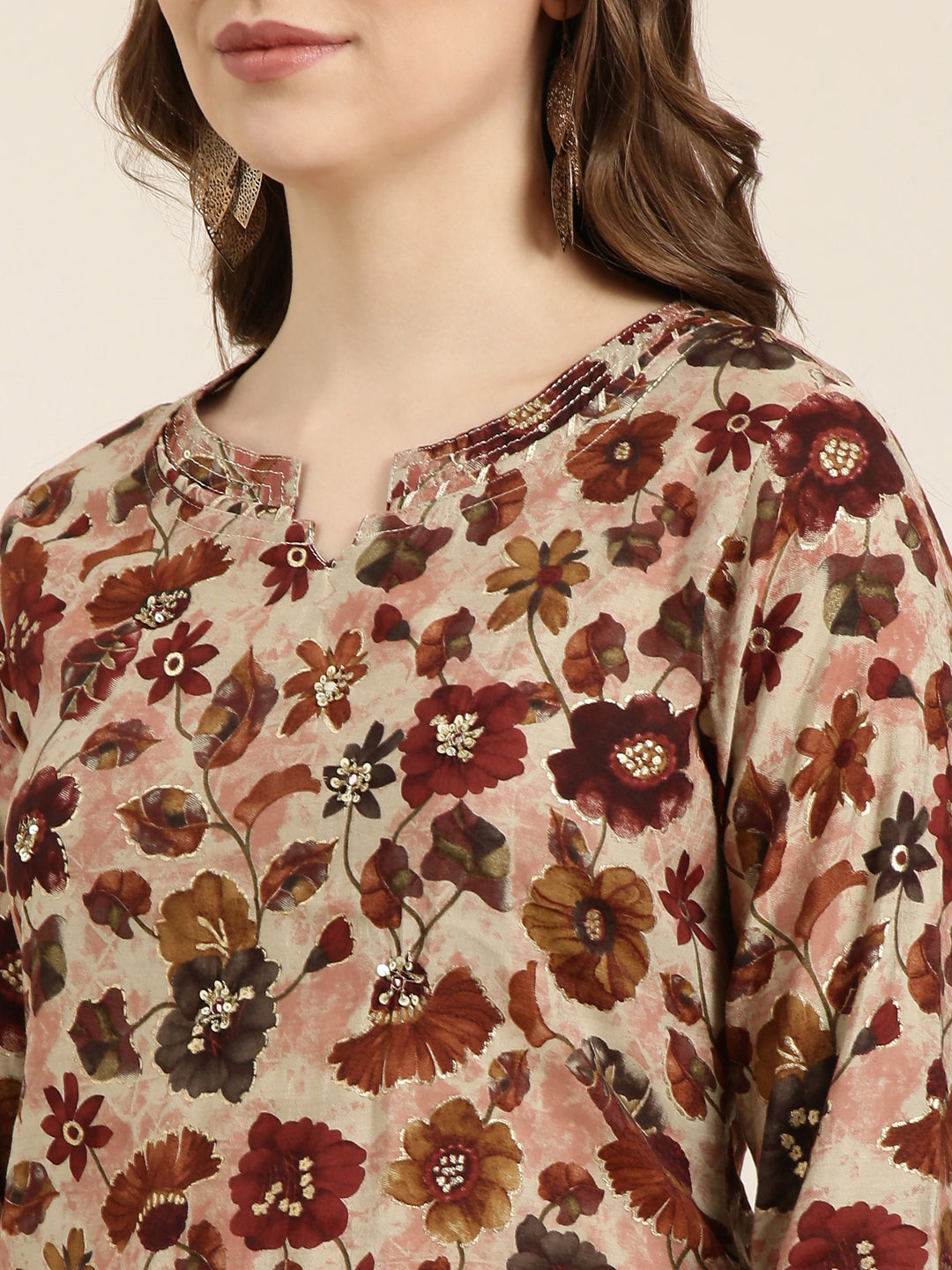 Women Straight Maroon Floral Kurta