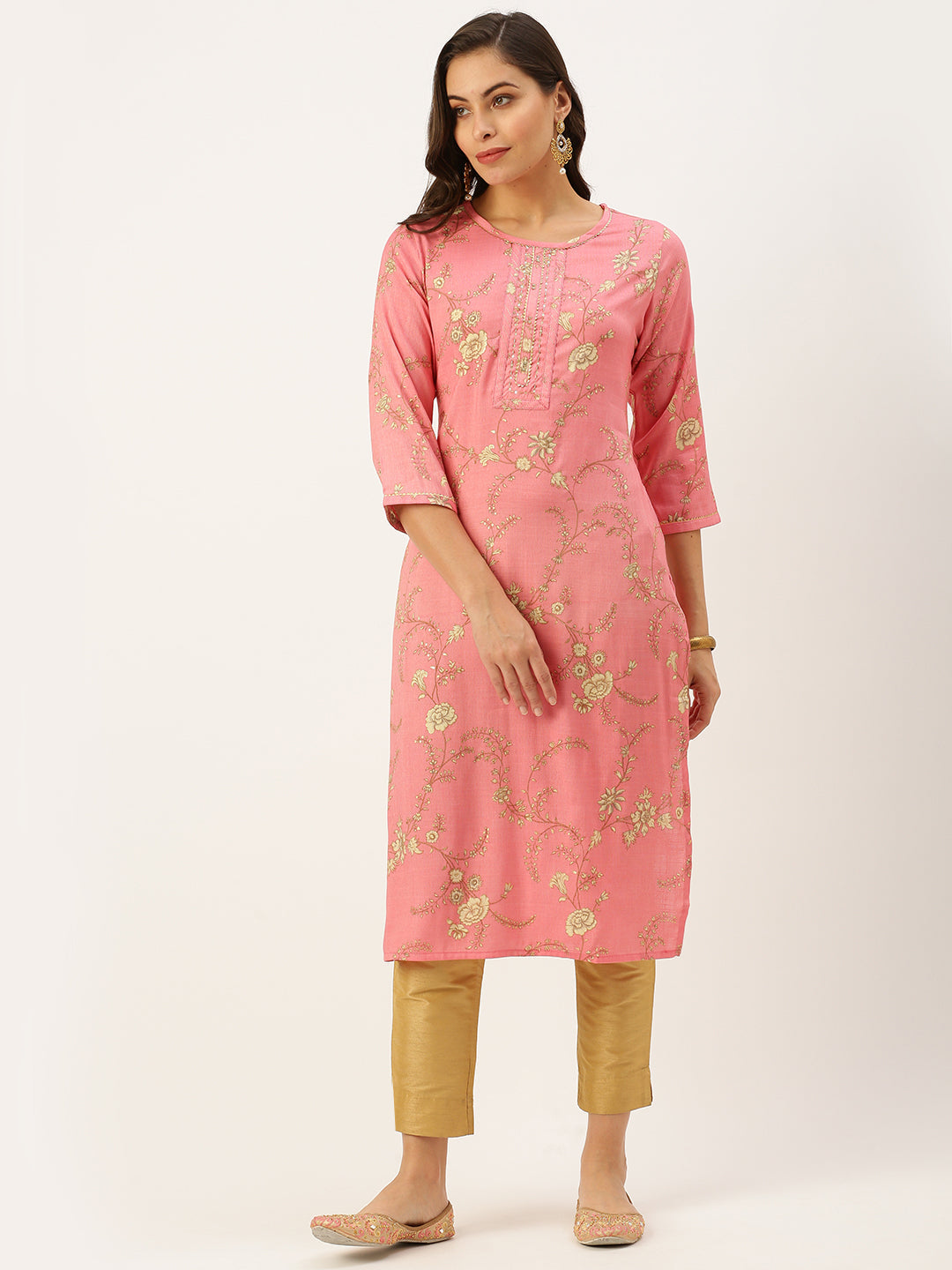 Women's Pink Printed Straight Kurtas