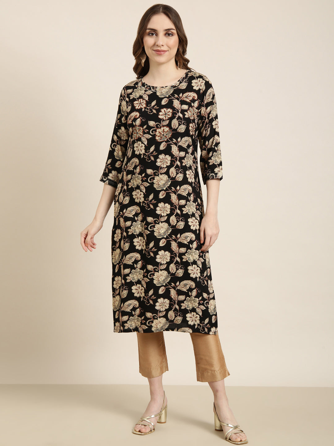 Women Straight Black Floral Kurta