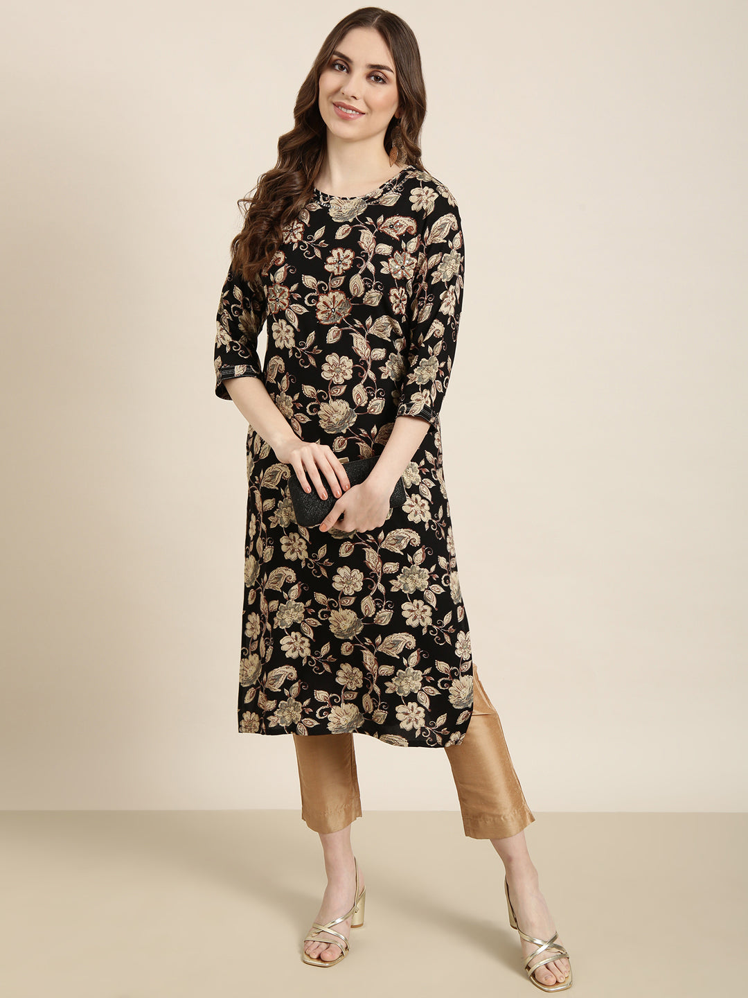 Women Straight Black Floral Kurta