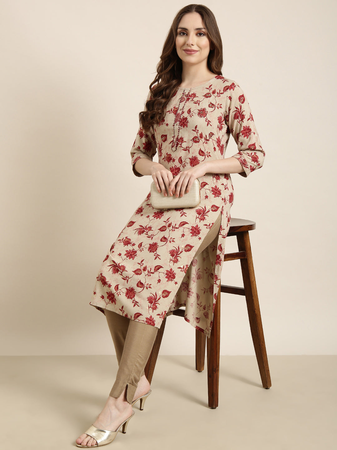 Women Straight Beige Floral Kurta