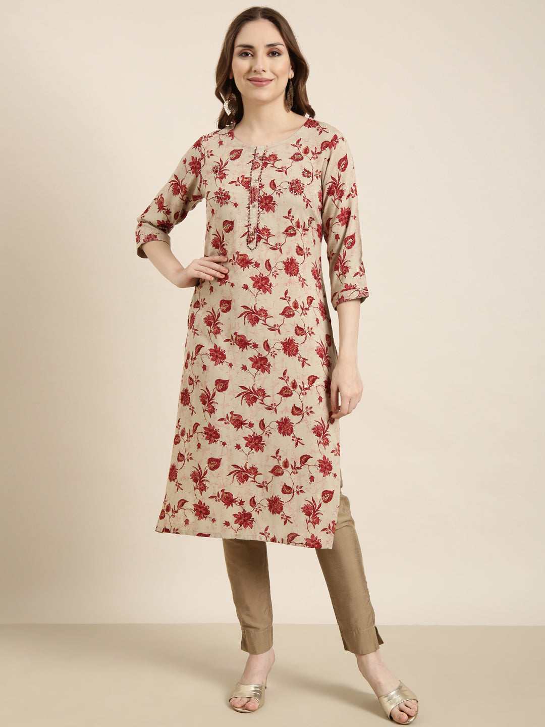 Women Straight Beige Floral Kurta