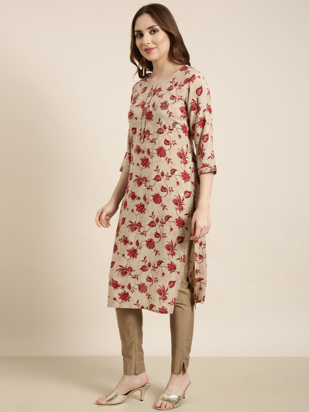 Women Straight Beige Floral Kurta