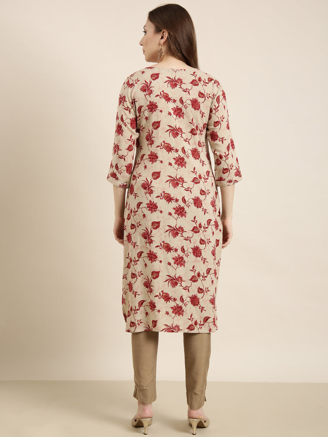 Women Straight Beige Floral Kurta