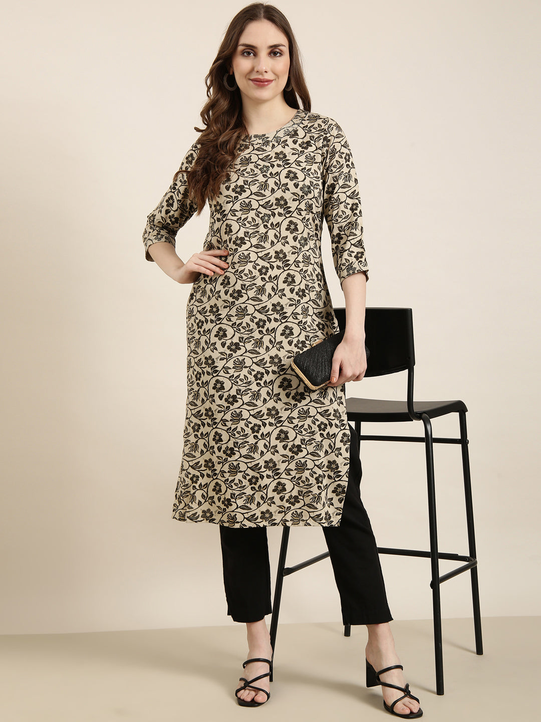 Women Straight Beige Floral Kurta