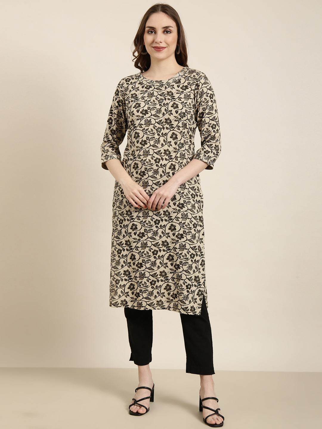 Women Straight Beige Floral Kurta