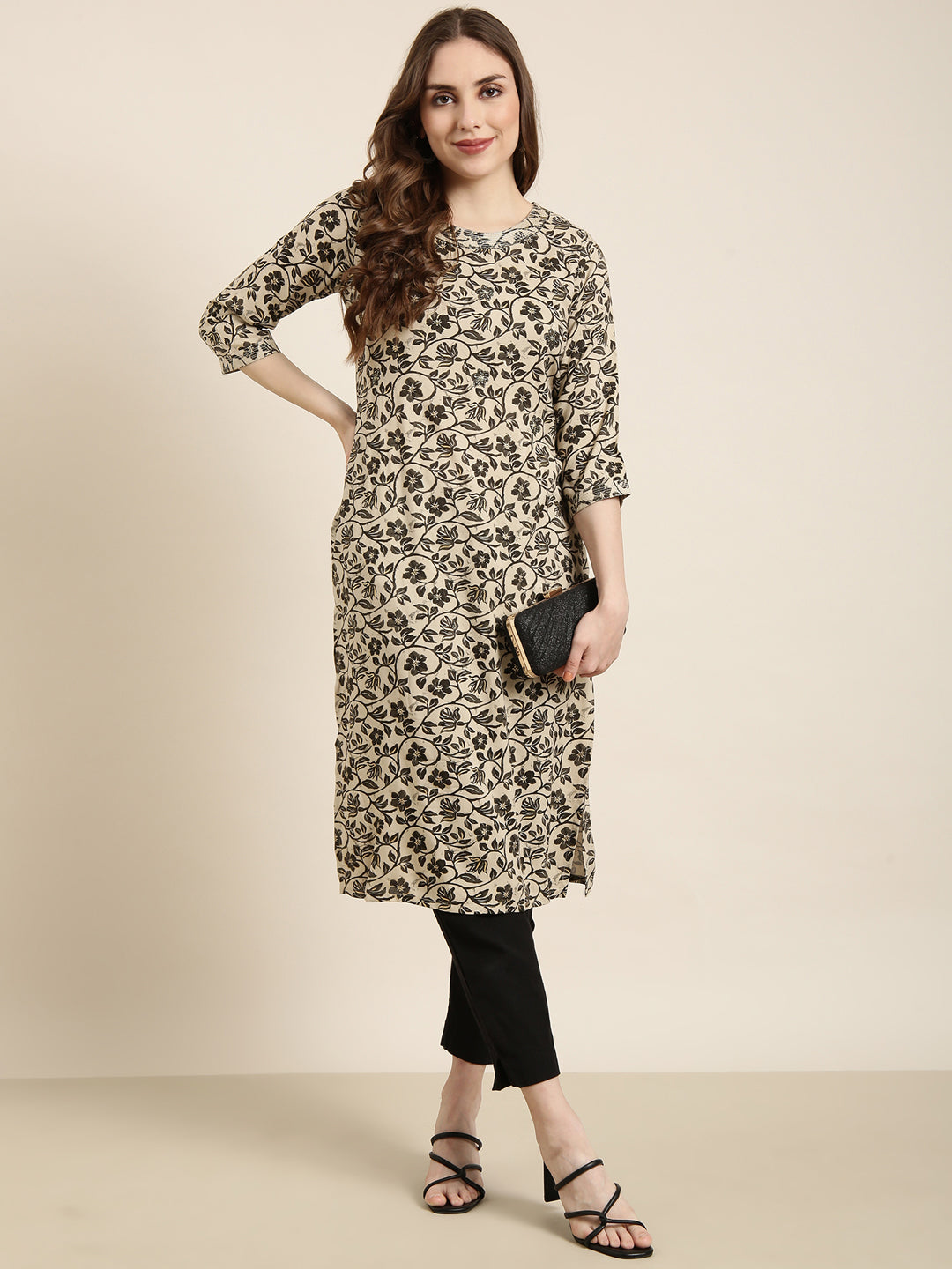 Women Straight Beige Floral Kurta