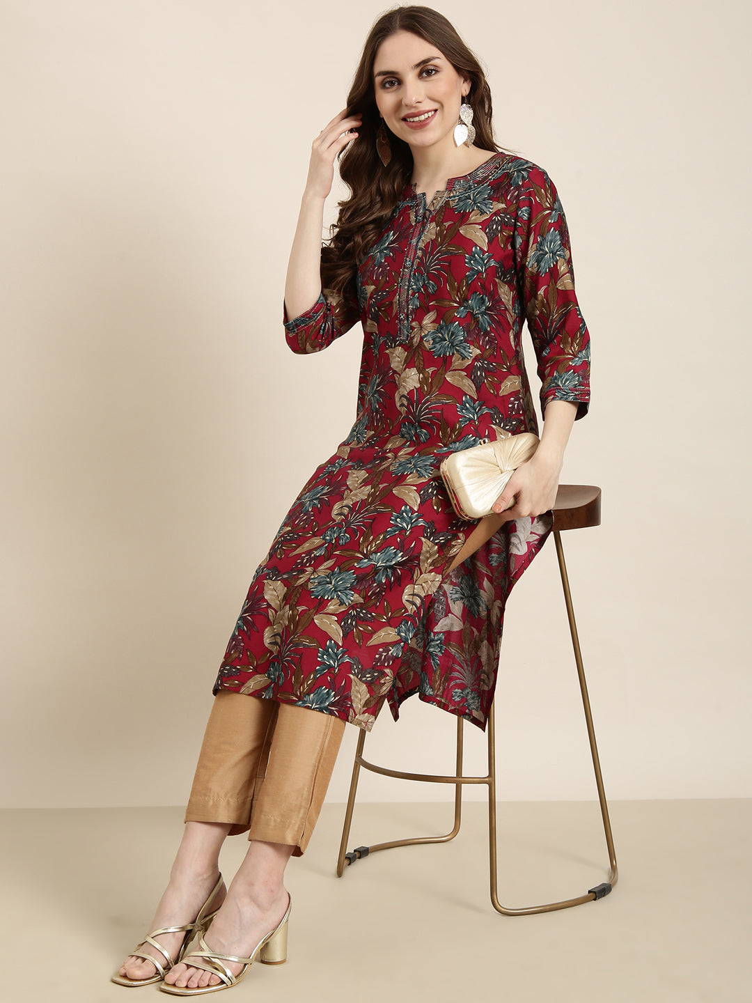 Women Straight Maroon Floral Kurta