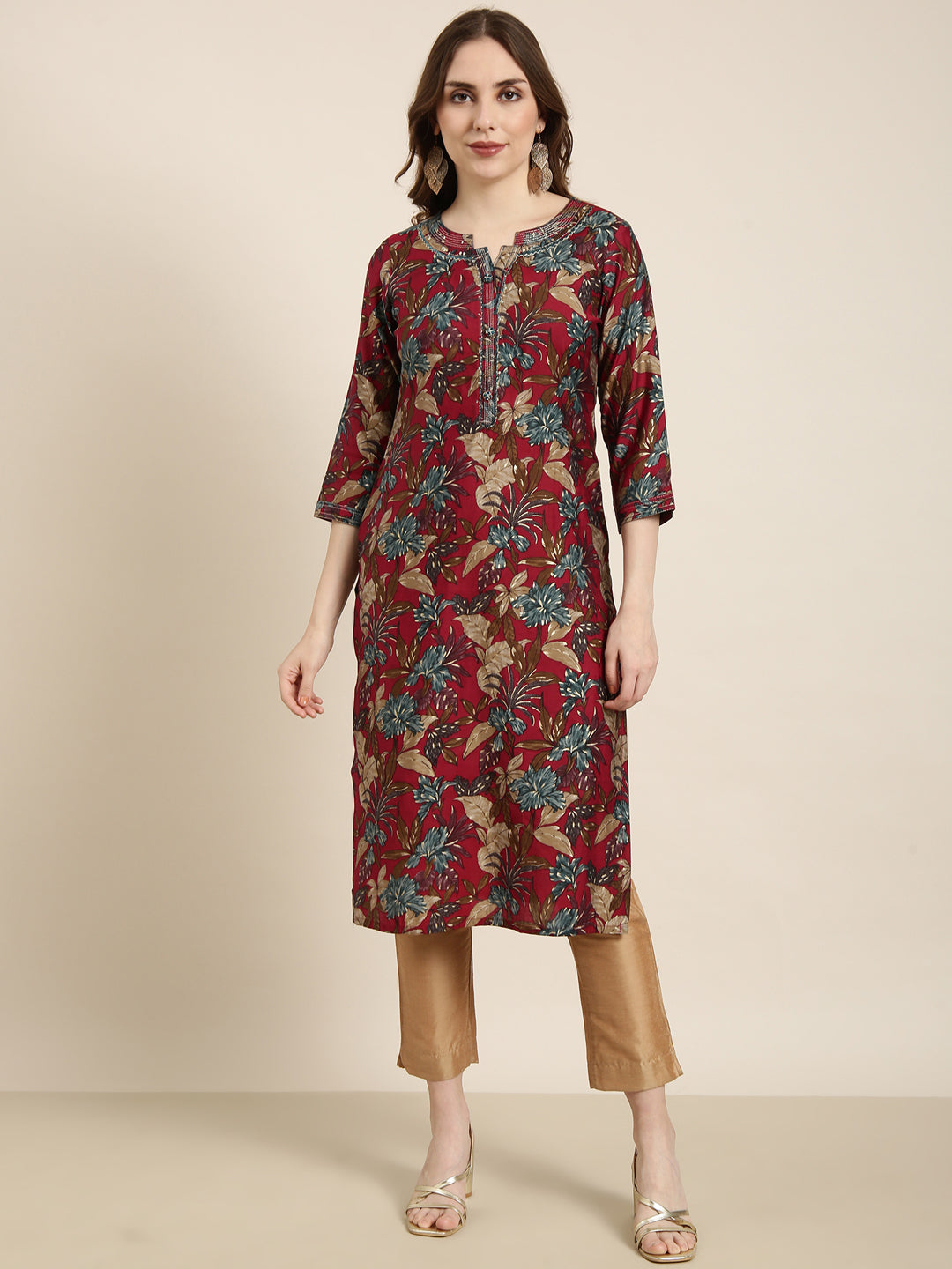 Women Straight Maroon Floral Kurta