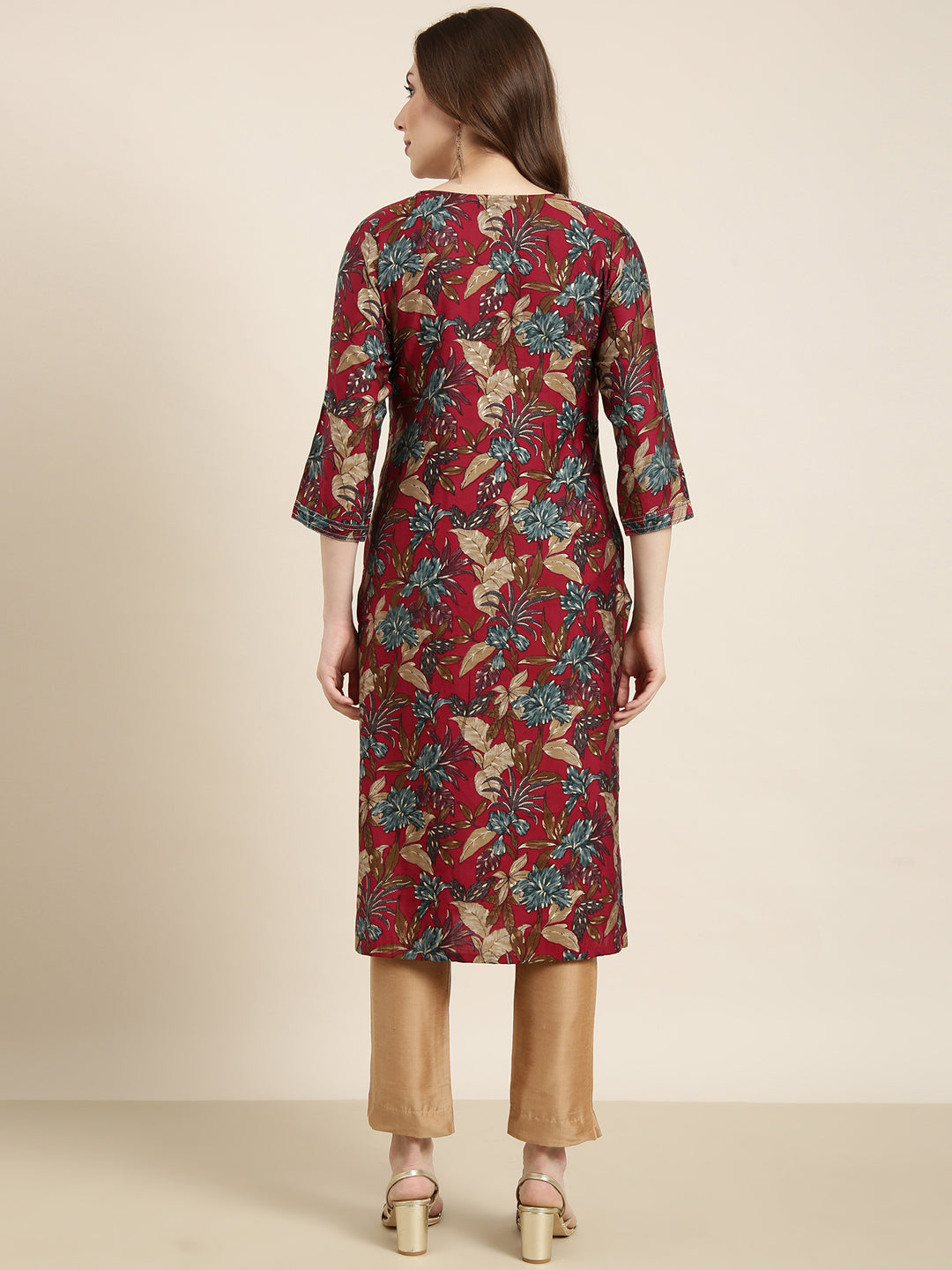 Women Straight Maroon Floral Kurta