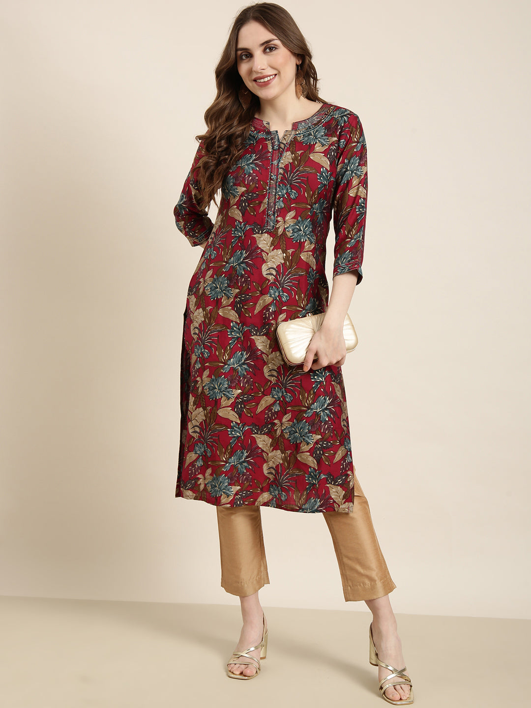 Women Straight Maroon Floral Kurta