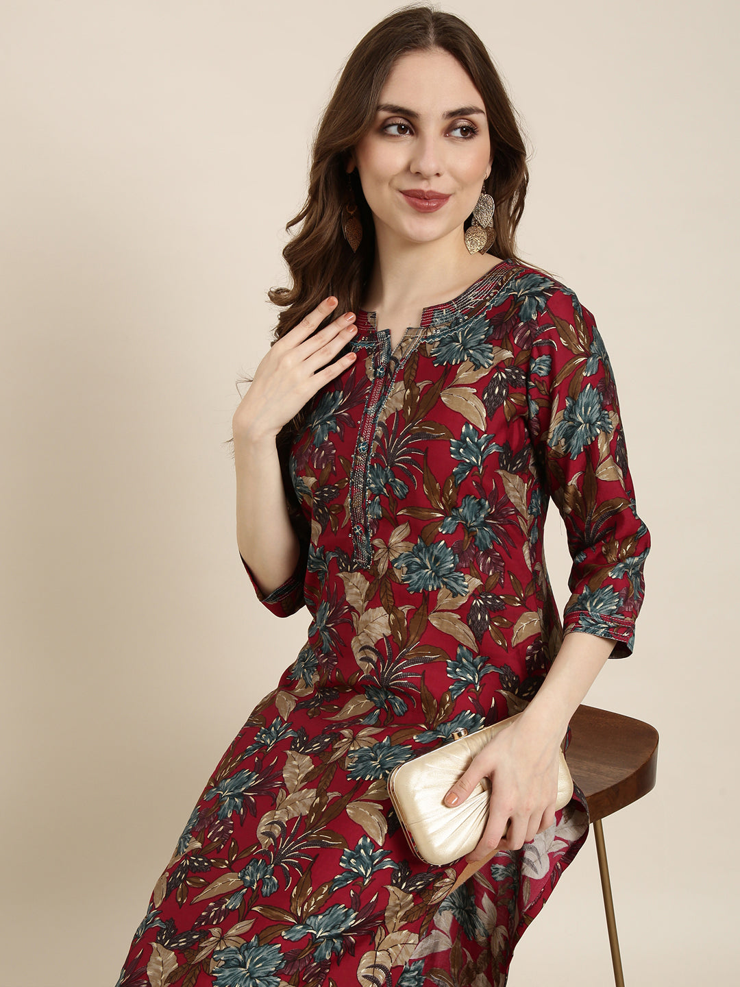 Women Straight Maroon Floral Kurta