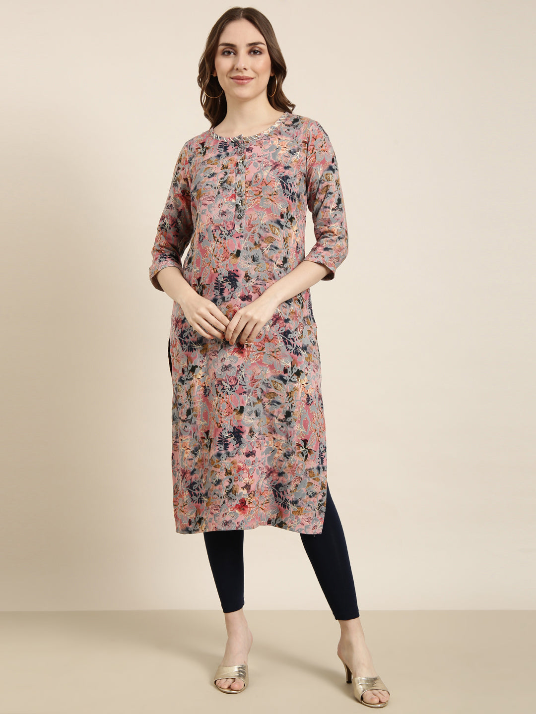 Women Straight Pink Floral Kurta