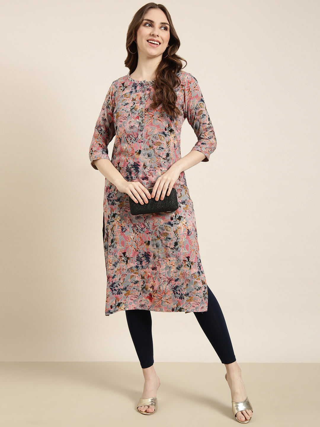 Women Straight Pink Floral Kurta