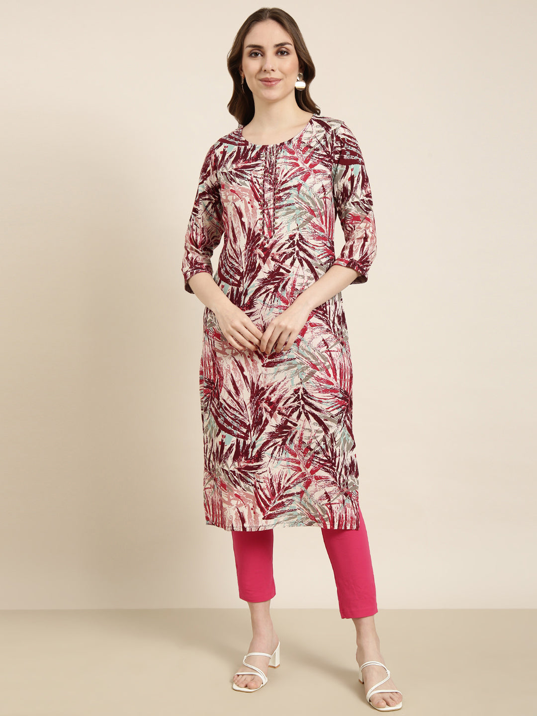 Women Straight Maroon Abstract Kurta