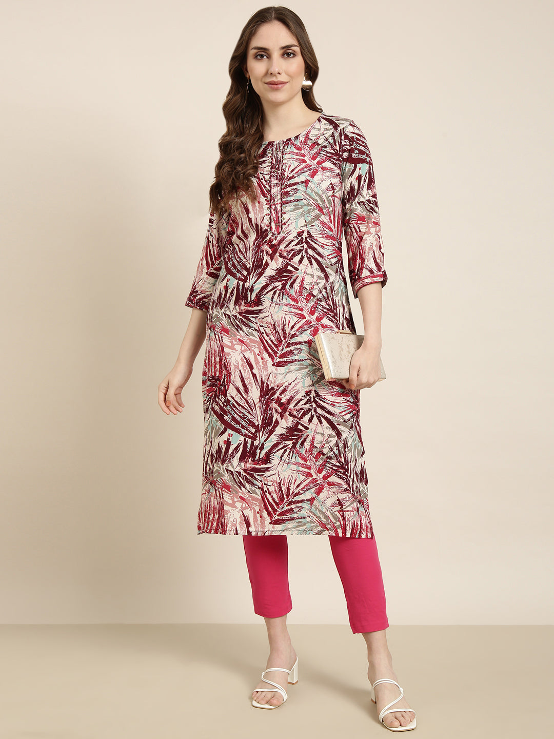 Women Straight Maroon Abstract Kurta