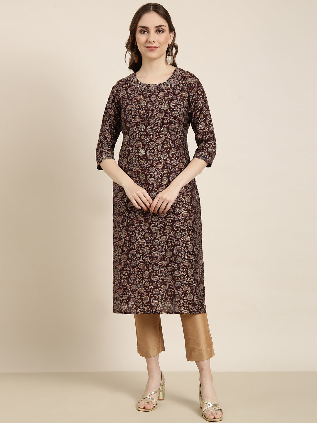 Women Straight Brown Floral Kurta