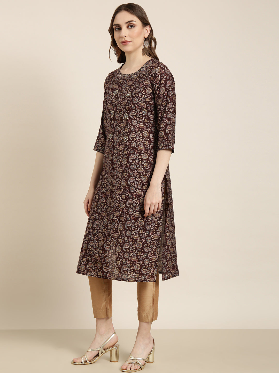 Women Straight Brown Floral Kurta