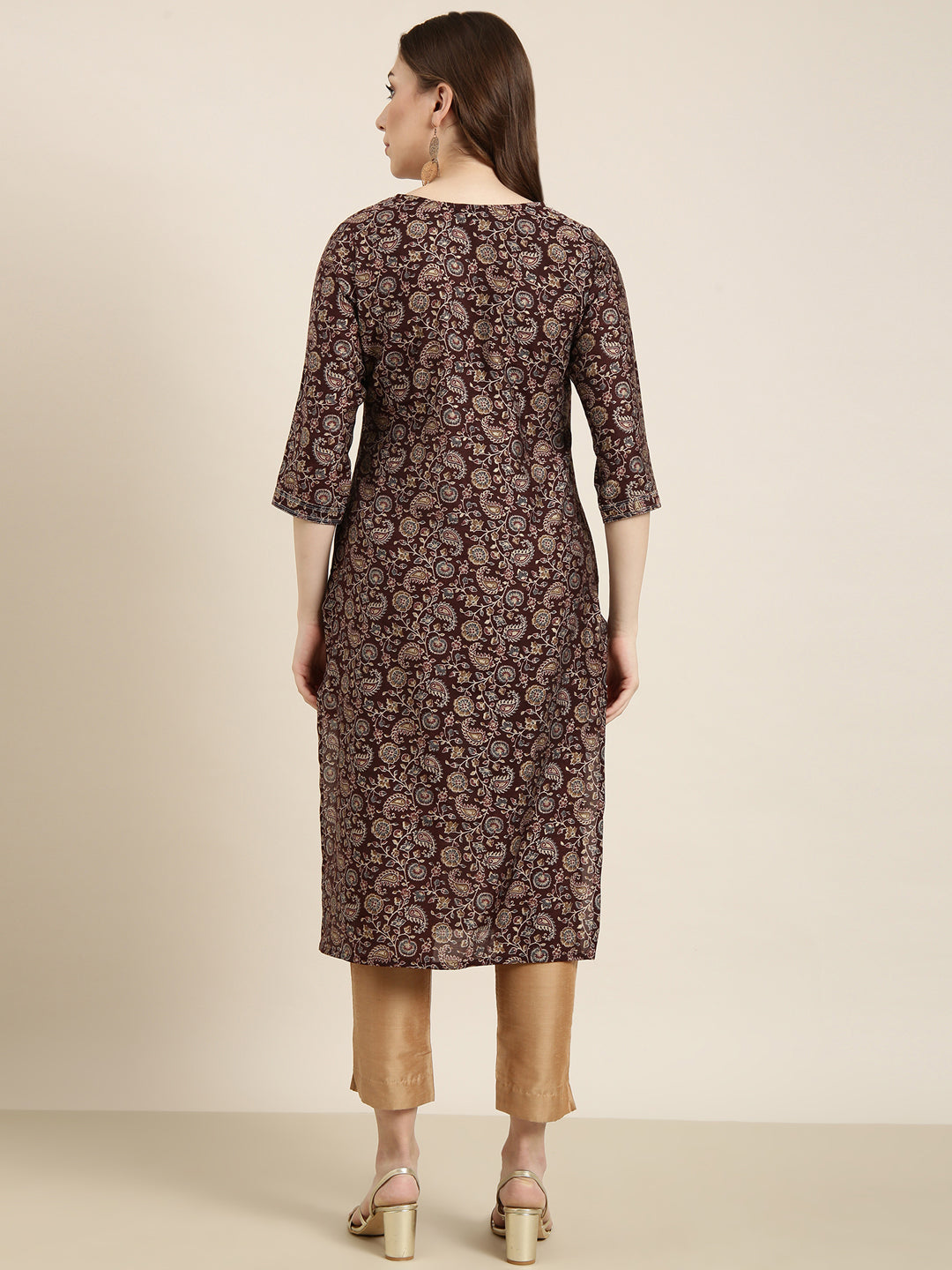 Women Straight Brown Floral Kurta