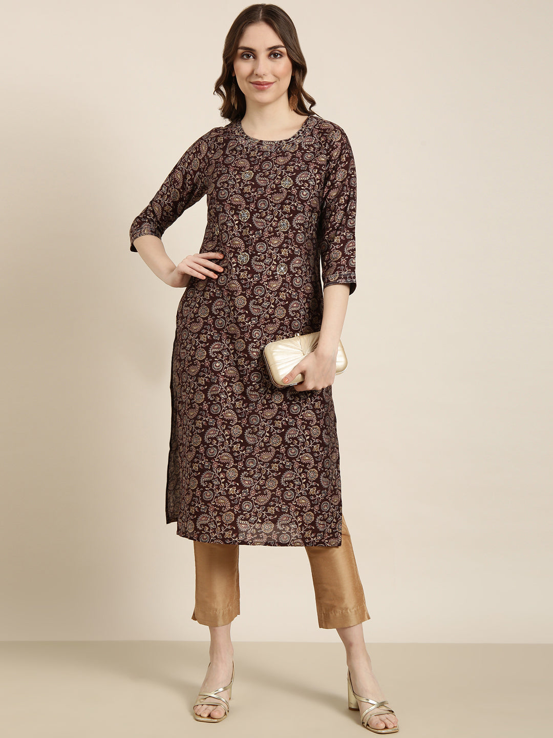 Women Straight Brown Floral Kurta