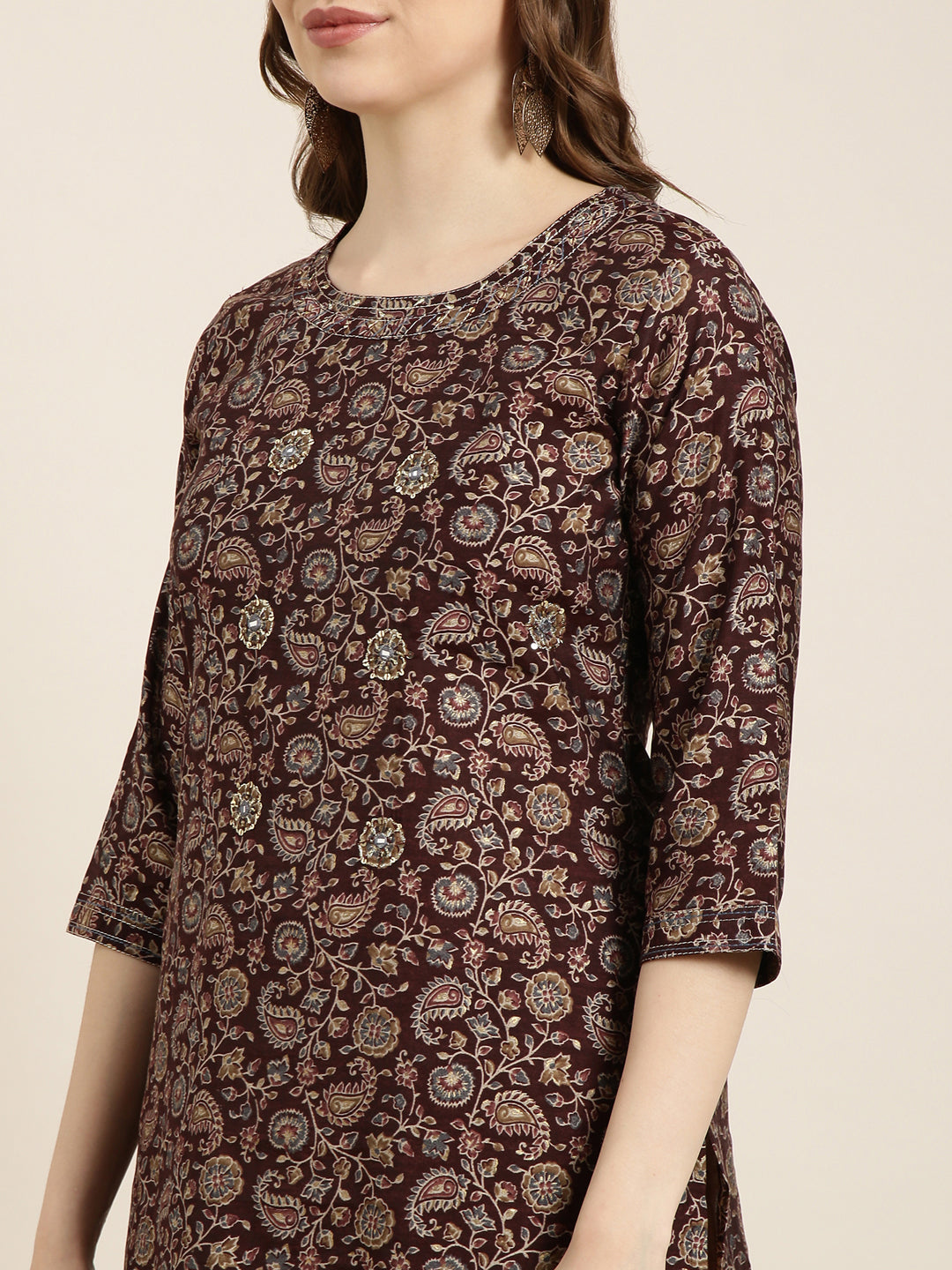 Women Straight Brown Floral Kurta