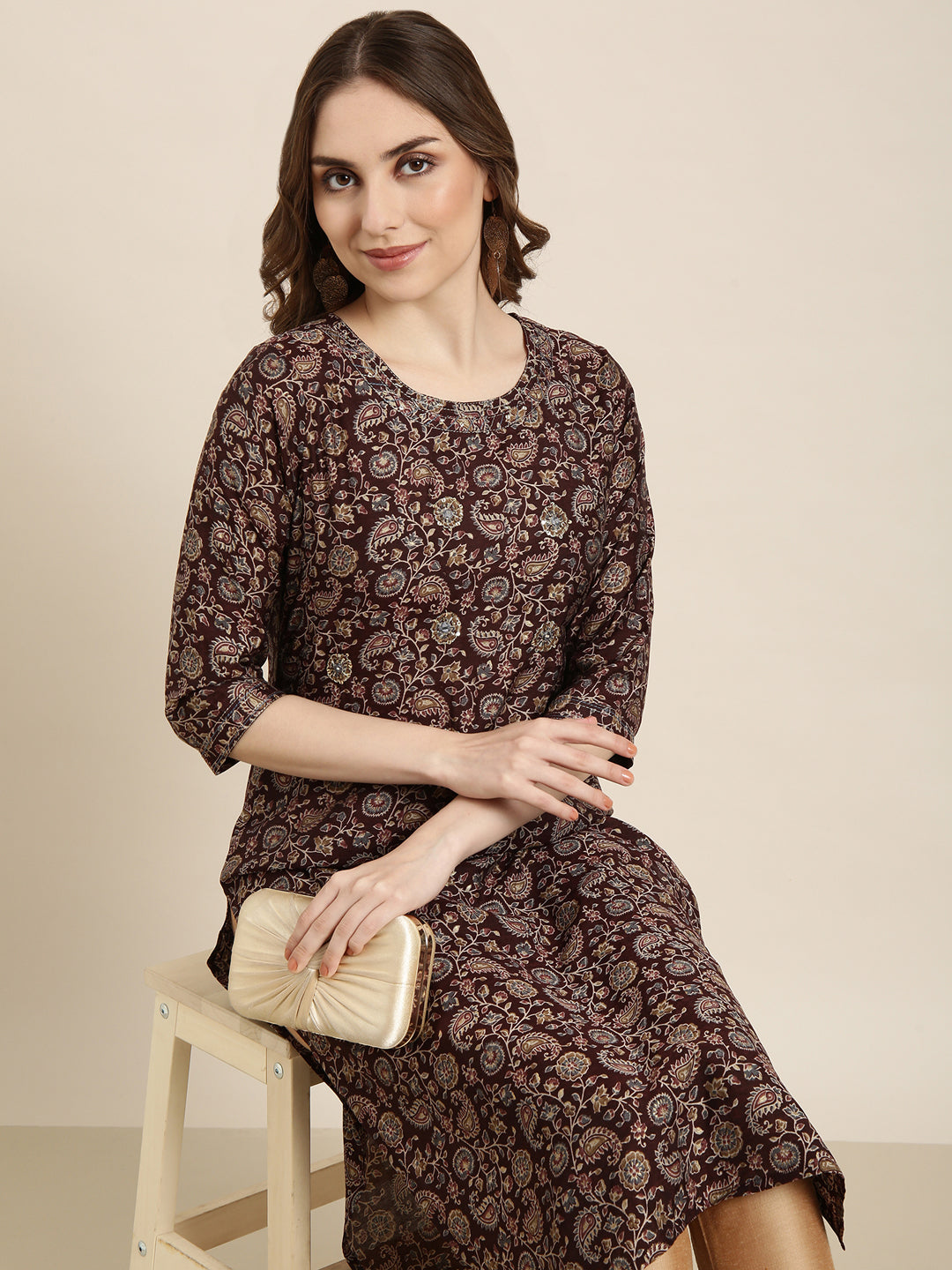 Women Straight Brown Floral Kurta