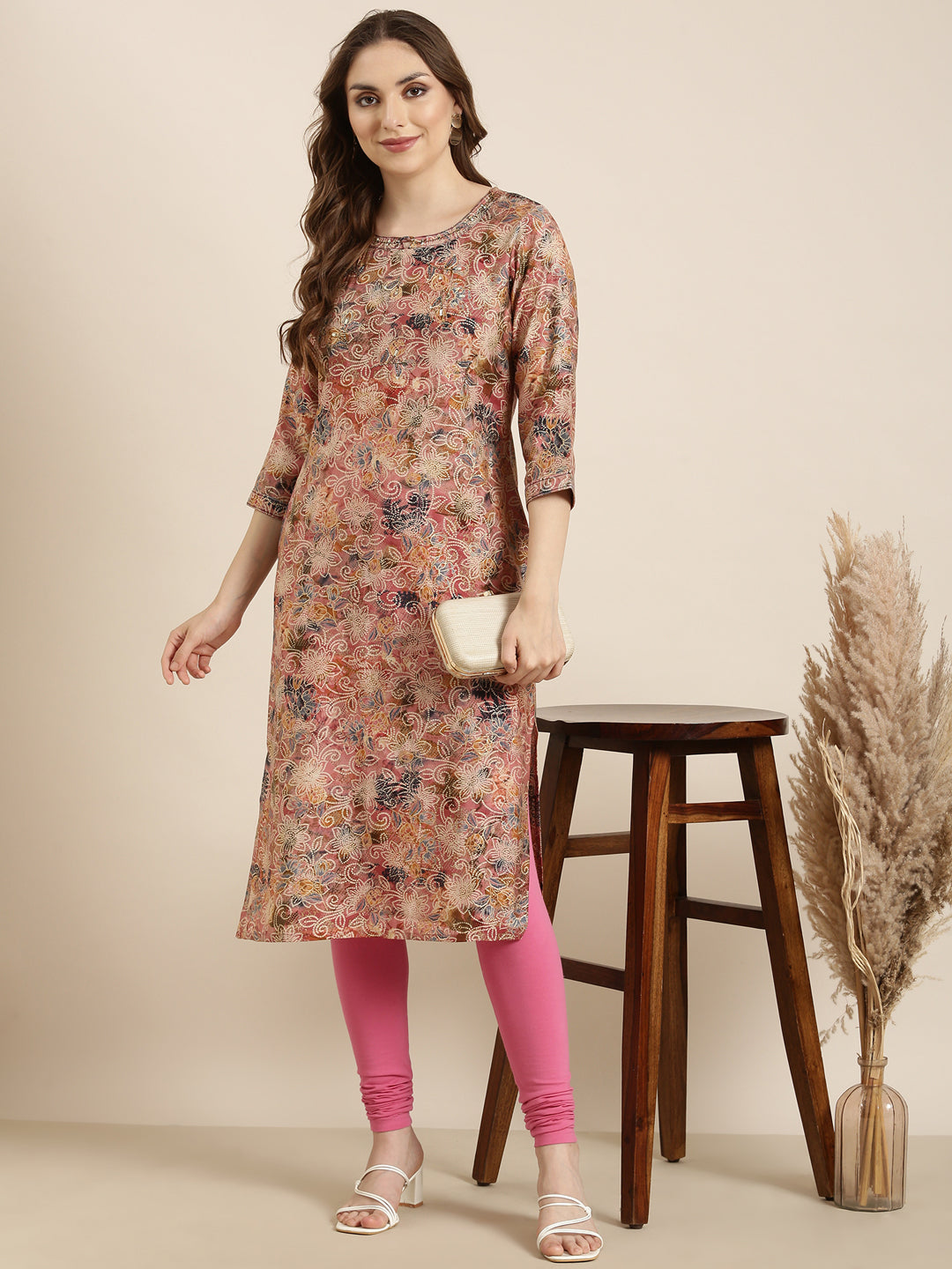 Women Straight Peach Floral Kurta