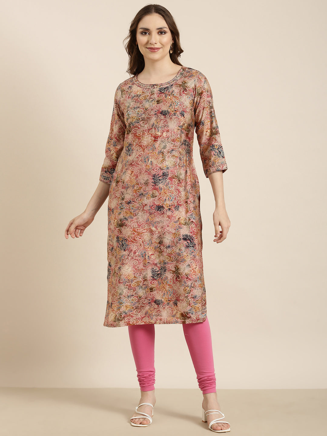 Women Straight Peach Floral Kurta