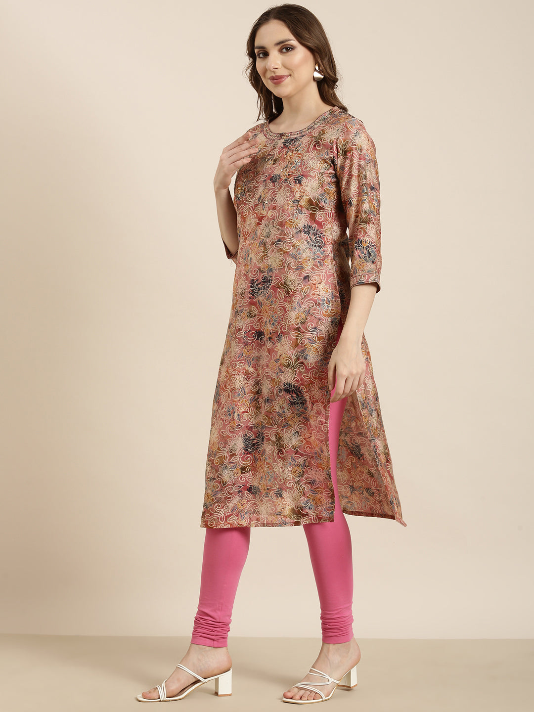 Women Straight Peach Floral Kurta