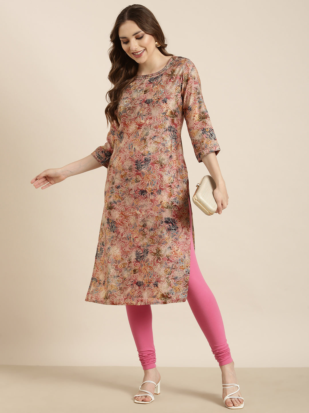 Women Straight Peach Floral Kurta