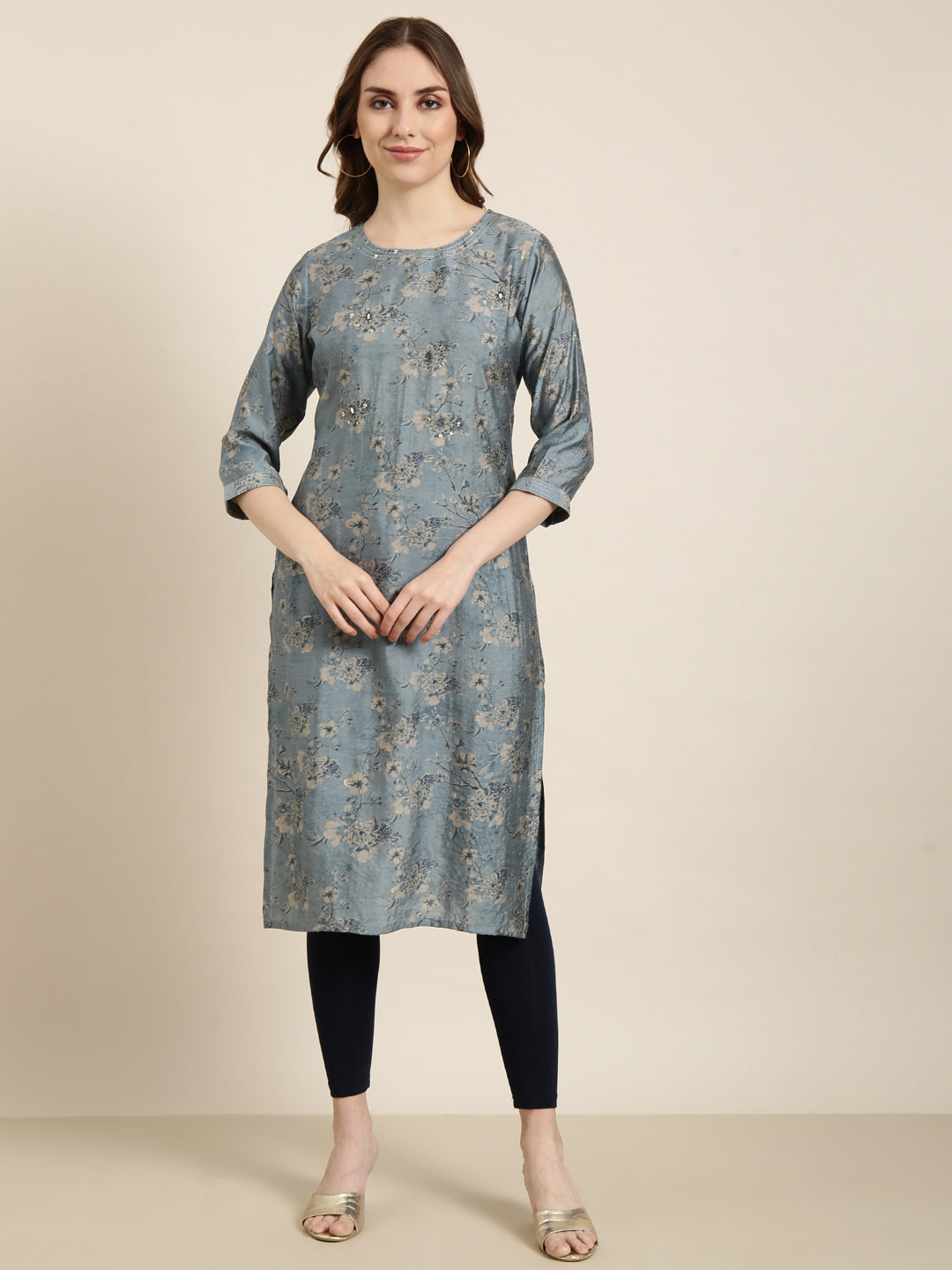 Women's Straight Blue Floral Kurta