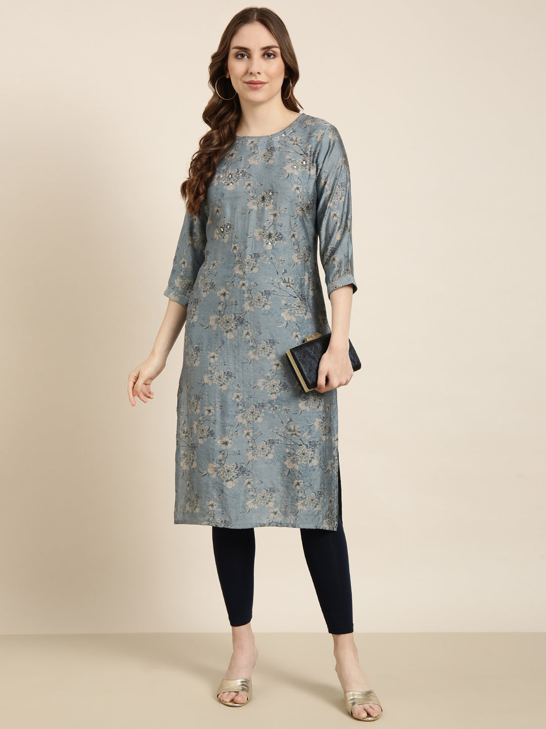 Women's Straight Blue Floral Kurta