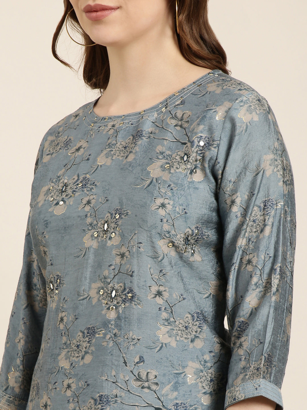 Women's Straight Blue Floral Kurta