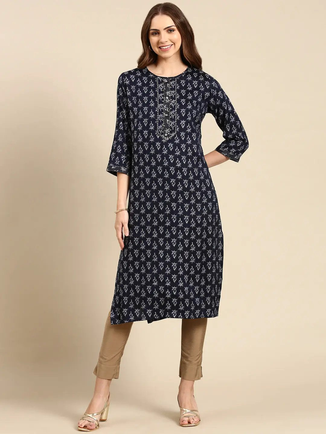 Women's Navy Blue Printed Straight Kurta